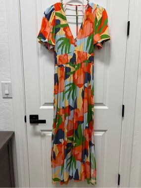 Vibrant Floral Multicolor Maxi Dress - Deep V with side slits. Very comfortable